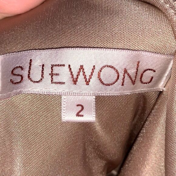 Sue Wong Lace Three Quarter Sleeve Taupe Dress - Picture 4 of 11